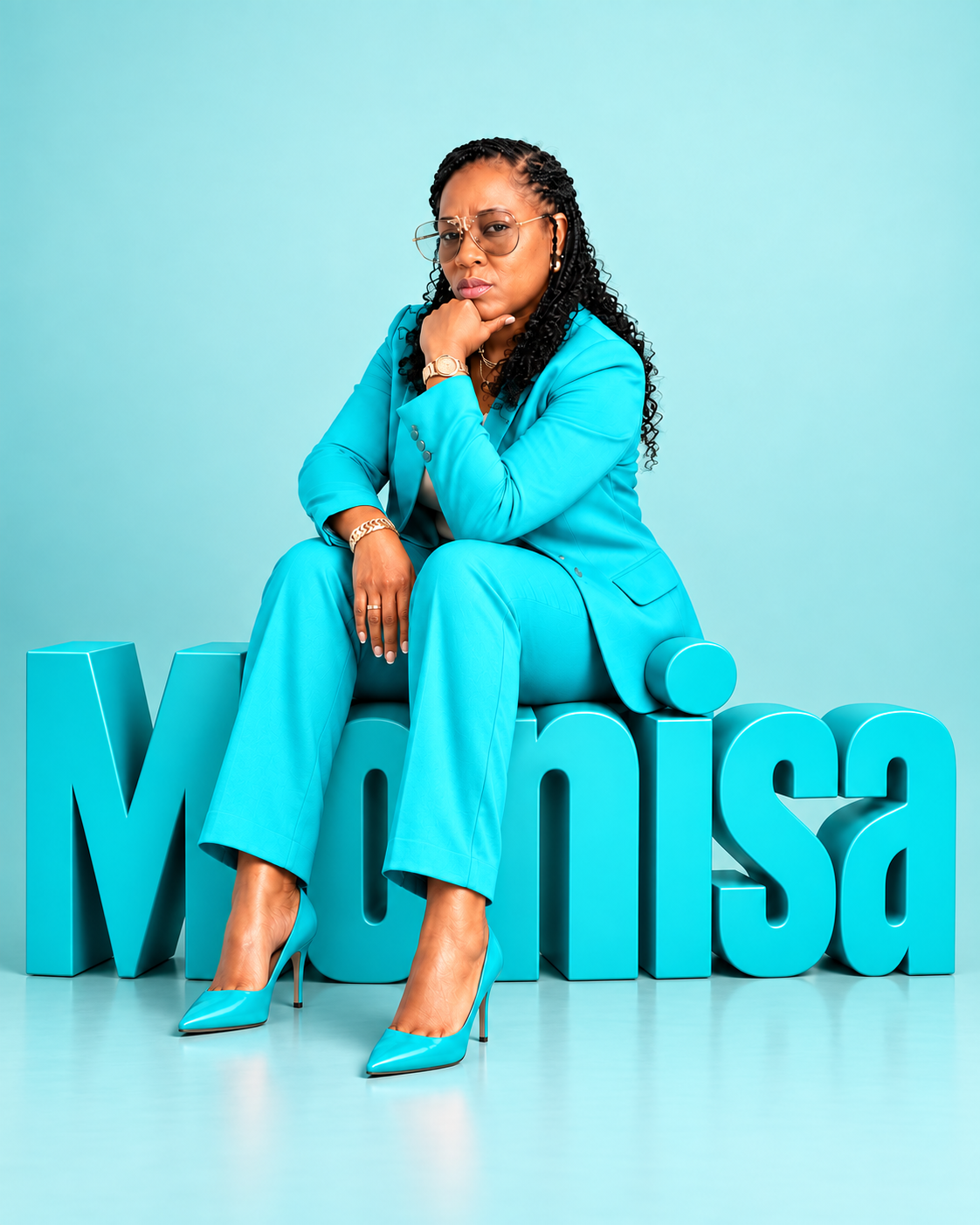 Monisa, Founder and Executive Director, in a turquoise suit, seated on turquoise Monisa lettering with both feet on the floor